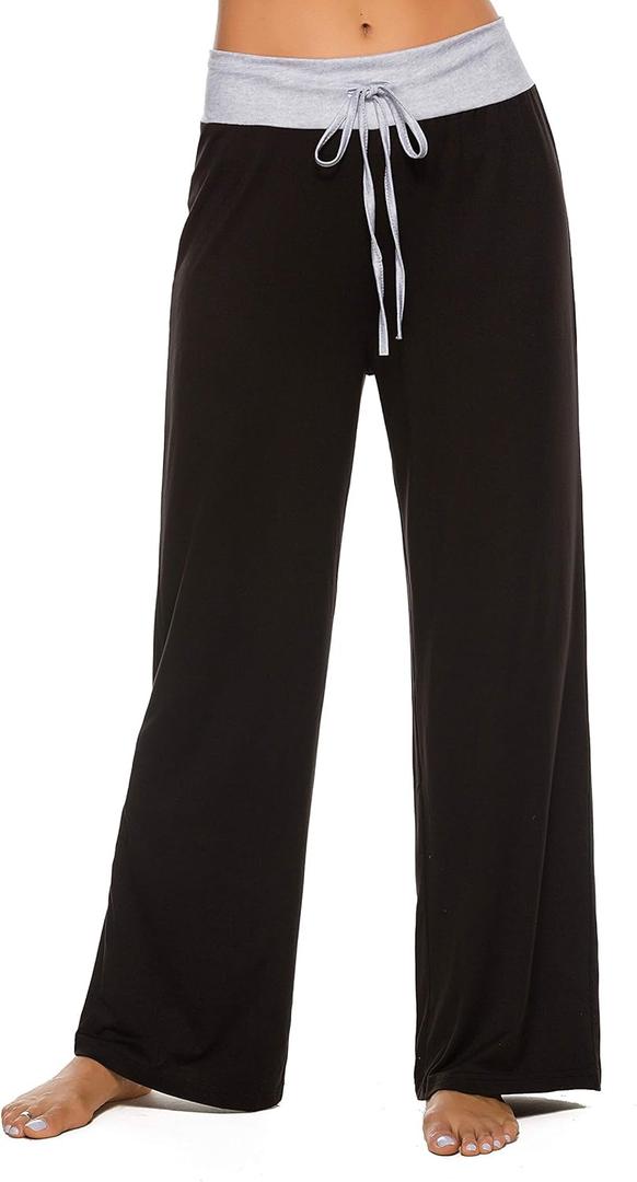 LOCUBE Women's Pajama Pants, Soft Wide Leg High Waisted Loose Fit Lounge Pants with Drawstring and Pockets (Medium, Black 2)