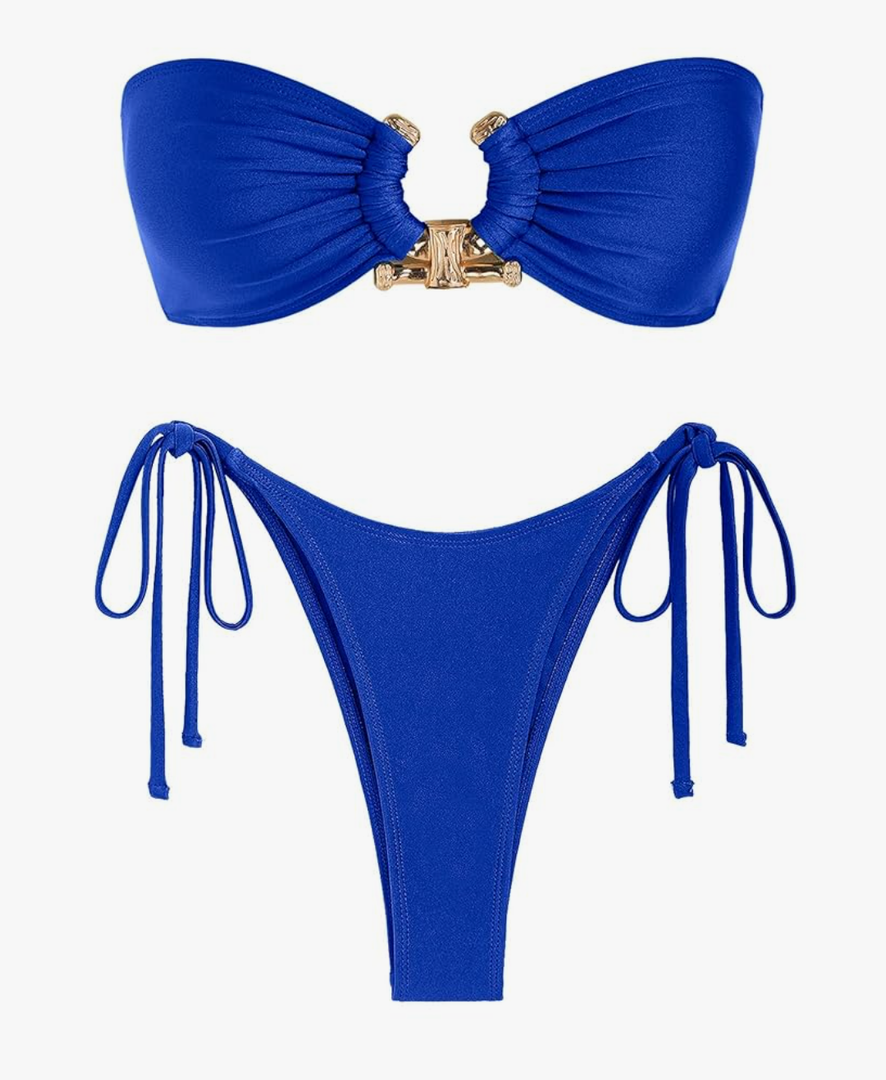 ZAFUL Metal Ring Bandeau Bikini Set Tie Side Bathing Suit High Cut 2 Piece Swimsuit Cutout Swimwear, Size L