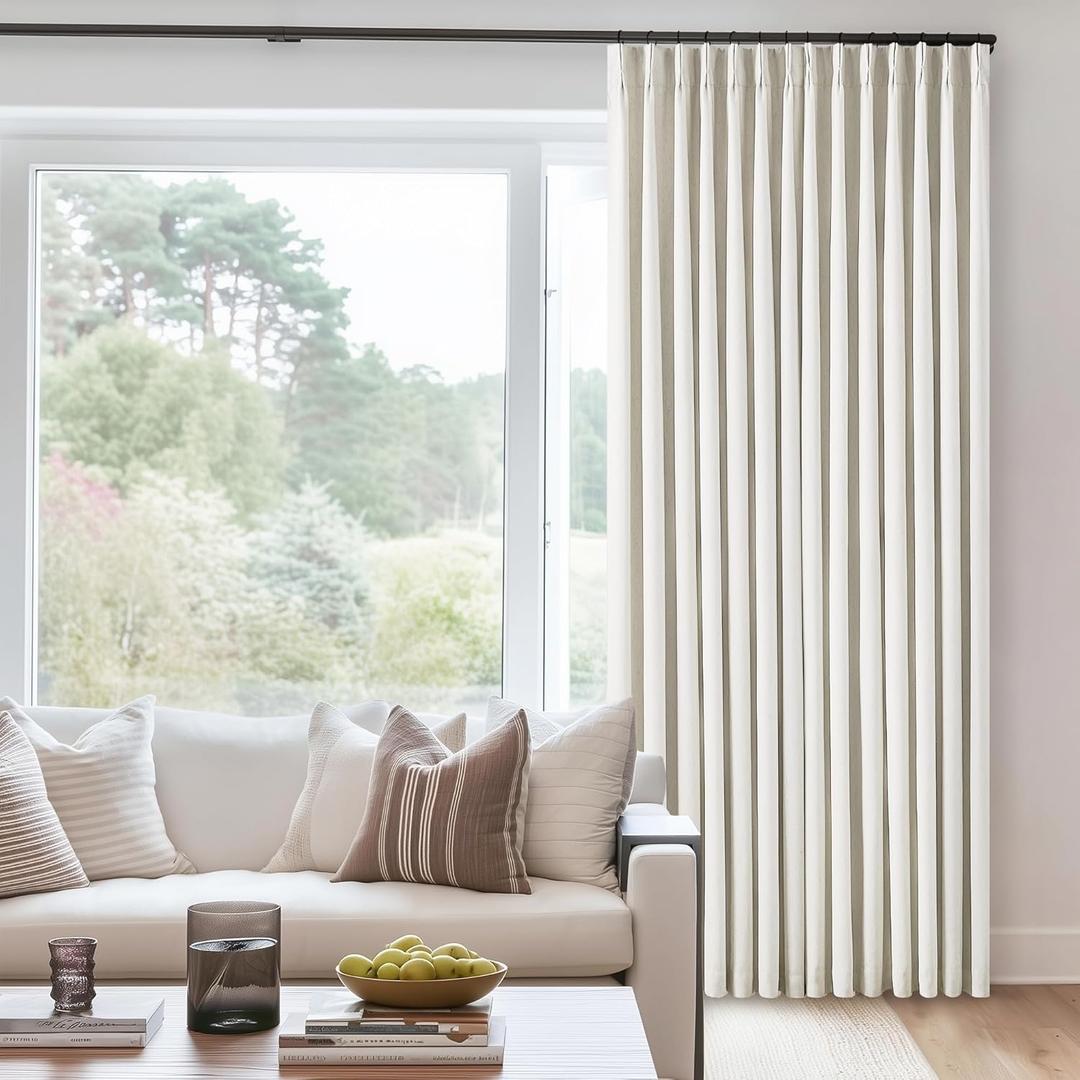 Natural Cream Pinch Pleated Full Blackout Curtains 100 Inches Long Linen Blend Room Darkening Curtain for Living Dining Room Bedroom Memory Shape Thermal Insulated Pinch Pleat Drape with Hooks Rings