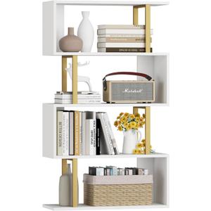 Yusong Geometric Bookcase, S Shaped Bookshelf 4-Tier Book Shelves for Bedroom, Modern Wood Decorative Display Shelf Tall Book Case for Home Office, Gold and White