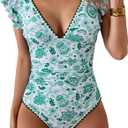 Women's One Piece Ruffle Swimsuit Tummy Control Bathing Suit V Neck Shell Stitched Swim Suit Slimming Swimwear, L