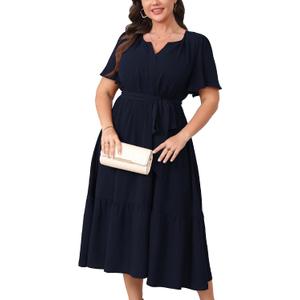 Womens Plus Size Wedding Guest Dresses Summer V Neck Short Sleeve Belted Ruffle Hem A-Line Flowy Midi Dress (Blue, XXXL)