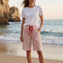 EXLURA Women's Faux Linen Striped Bermuda Shorts Casual Drawstring Elastic Waist Summer Vacation Beach Shorts with Pockets (Red), XL