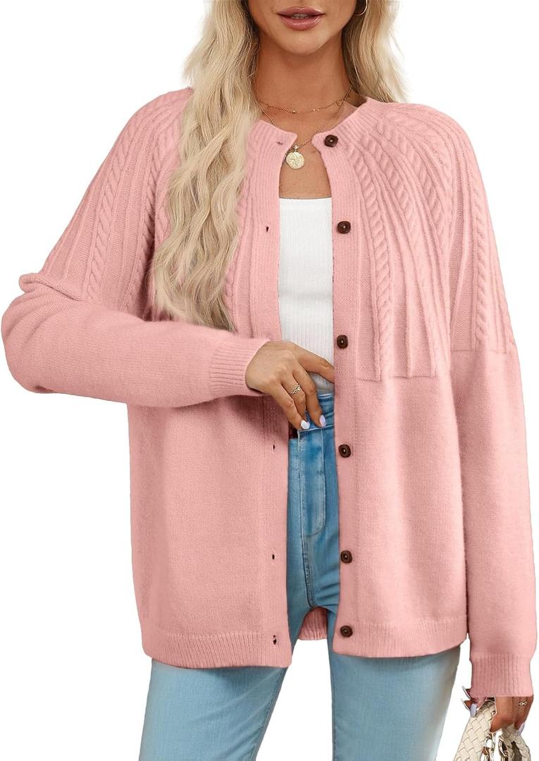 Dokotoo Cardigan Sweaters for Women 2025 Fall Outfits Long Sleeve Crochet Knit Sweaters (Pink, M)