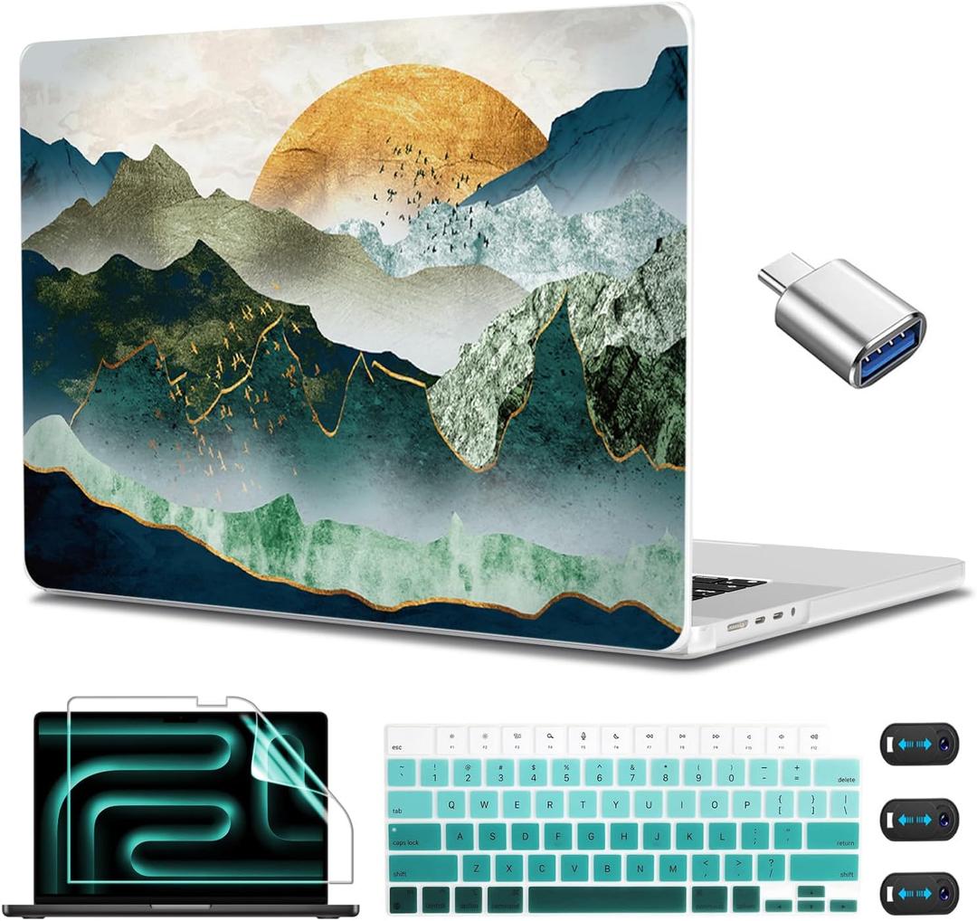 CISSOOK Mountain Case for MacBook Pro 14 inch 2025-2021 Release Model M5 A3434 M4 A3112 A3185 A3401/ M3 A2992 A2918/ M2 A2779 /A2442 M1, Plastic Sunshine Mountain Cover for MacBook Pro 14 (14inch-Green golden mountains by sunset)