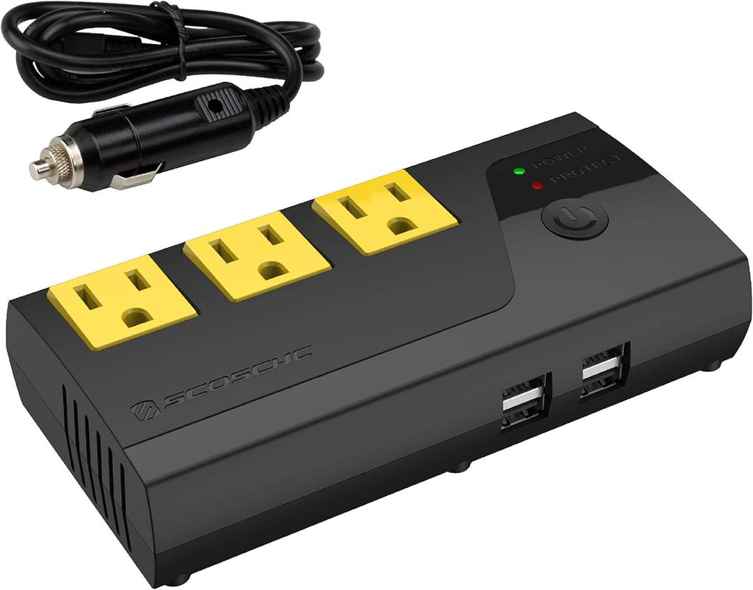 Scosche PI200PS-1 INVERT200 - 200W Car Power Inverter with 4 USB Ports - 12V DC to 110V AC Converter for Vehicles - Vehicle Outlet Plug Adapter - DC to AC Converter - Car Charger for Laptop Computer