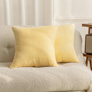 Home Brilliant Set of 2 24x24 Spring Pillow Covers Decorations Yellow Striped Velvet Corduroy Euro Throw Pillow Sham for 26 inch Pillow Insert for Summer Decor, 24 x 24 inch, Light Yellow (24" x 24" (Pack of 2))