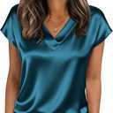 Zeagoo Women Silk Satin Tops Cap Short Sleeve Blouse V Neck Shirts Business Casual Outfits (Blue, XL)