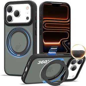 XIQI Compatible with iPhone 17 Pro Case 6.3'' with Magnetic 360 Rotatable Ring Stand & AI Camera Control Button[Compatible with Mag-Safe] Translucent Matte Phone Cover for Men Wowen,Black