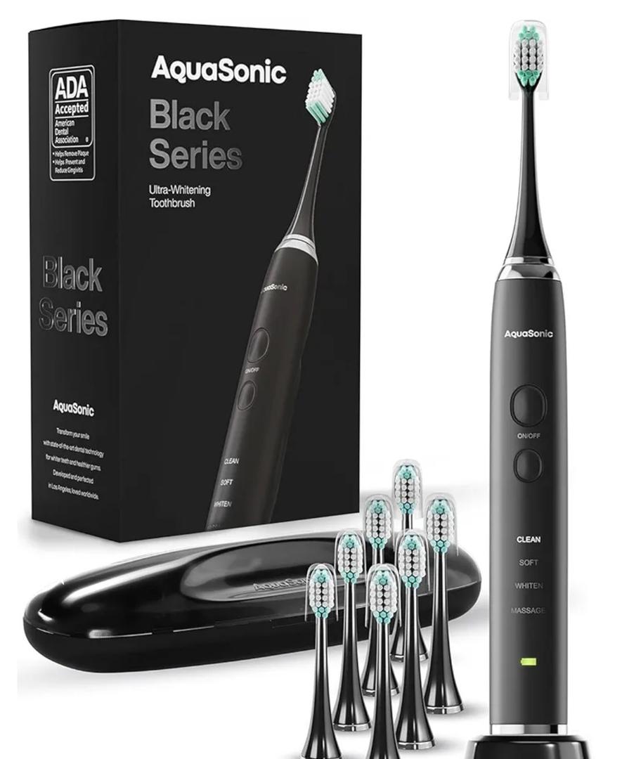 Aquasonic Black Series Ultra Whitening Toothbrush – ADA Accepted Electric Toothbrush- 8 Brush Heads & Travel Case – 40,000 VPM Electric Motor & Wireless Charging - 4 Modes w Smart Timer