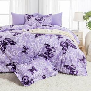 ARTALL Lightweight Microfiber Full/Queen Size 3 Pieces Comforter Set with 2 Shams, Purple Paisley Floral Butterfly Pattern All Season Bedding Set