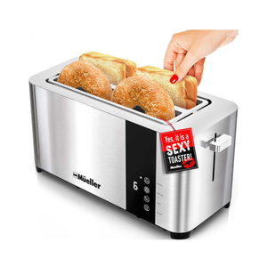 Mueller UltraToast Full Stainless Steel Toaster 4Slice, Long Extra-Wide Slots with Removable Tray, Cancel/Defrost/Reheat Functions, 6 Browning Levels with LED Display, Housewarming Gifts New Home