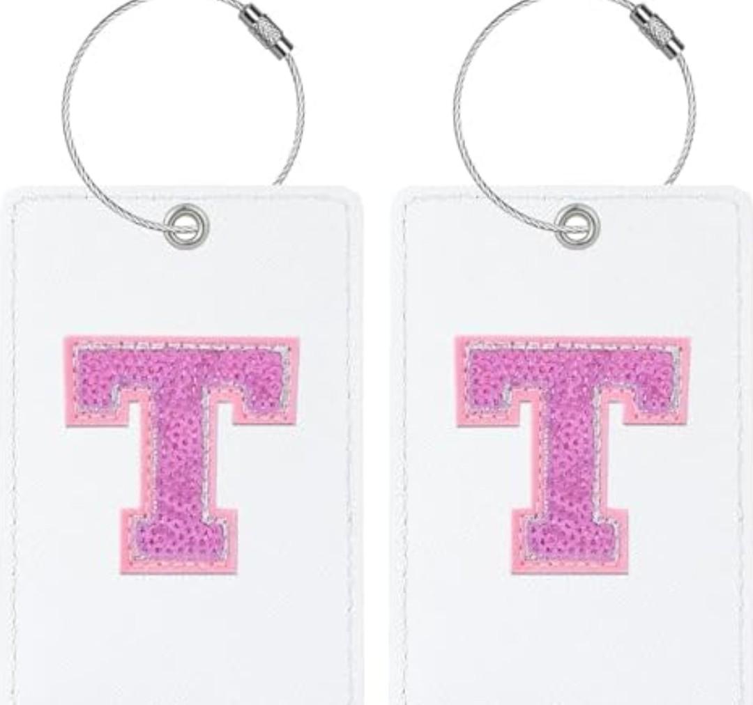Sodsay 2 PCS Initial Luggage Tag, Luggage Tags for Suitcases Cute Sequin Letter PU Leather Travel Bag Baggage Tags ID Label with Steel Loops for Women Kids Teens(T, White Leather+Hot Pink Letter)