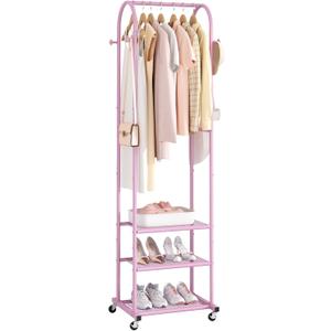 Kaitiemoo Heavy Duty Clothing Rack with Wheels,Modern Garment Rack with 3 Metal Shelves, 71.8Inches Display Rack for Hanging Clothes, Hanging Rod for Small Space,Pink
