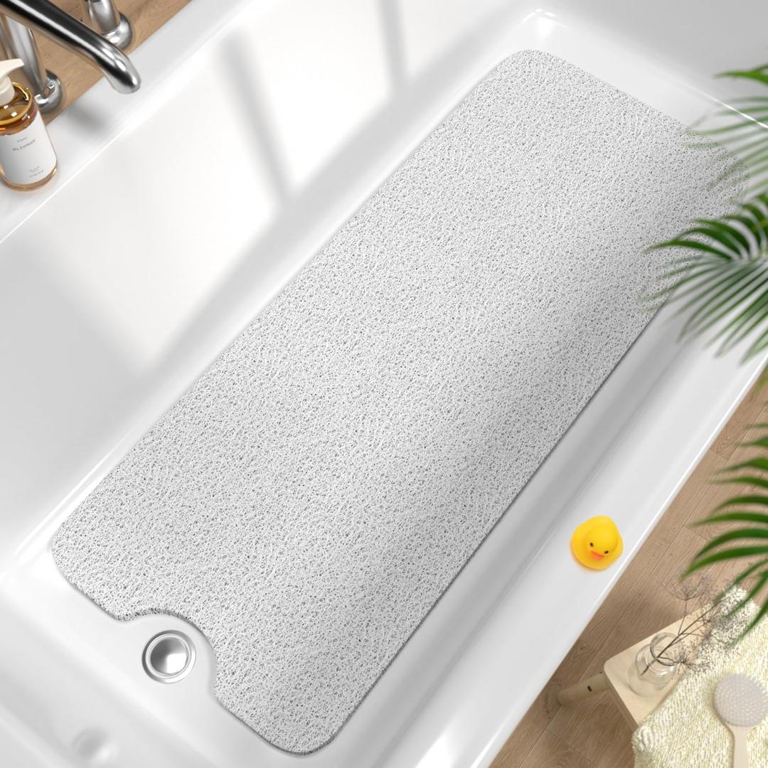 HITSLAM Non Slip Bathtub Mat 40 x 16 Inch, Extra Long Bath Mat for Tub, Soft PVC Loofah Shower Floor Mat with Drain, Quick Drying Bathroom Tub Mat for Wet Area, Without Suction Cup, White