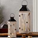 TIMRIS Large Wooden Candle Lanterns Decorative Set of 2, Rustic Farmhouse Whitewash Floor Lanterns, Indoor/Outdoor Hanging Lanterns for Home Decor (No Glass)