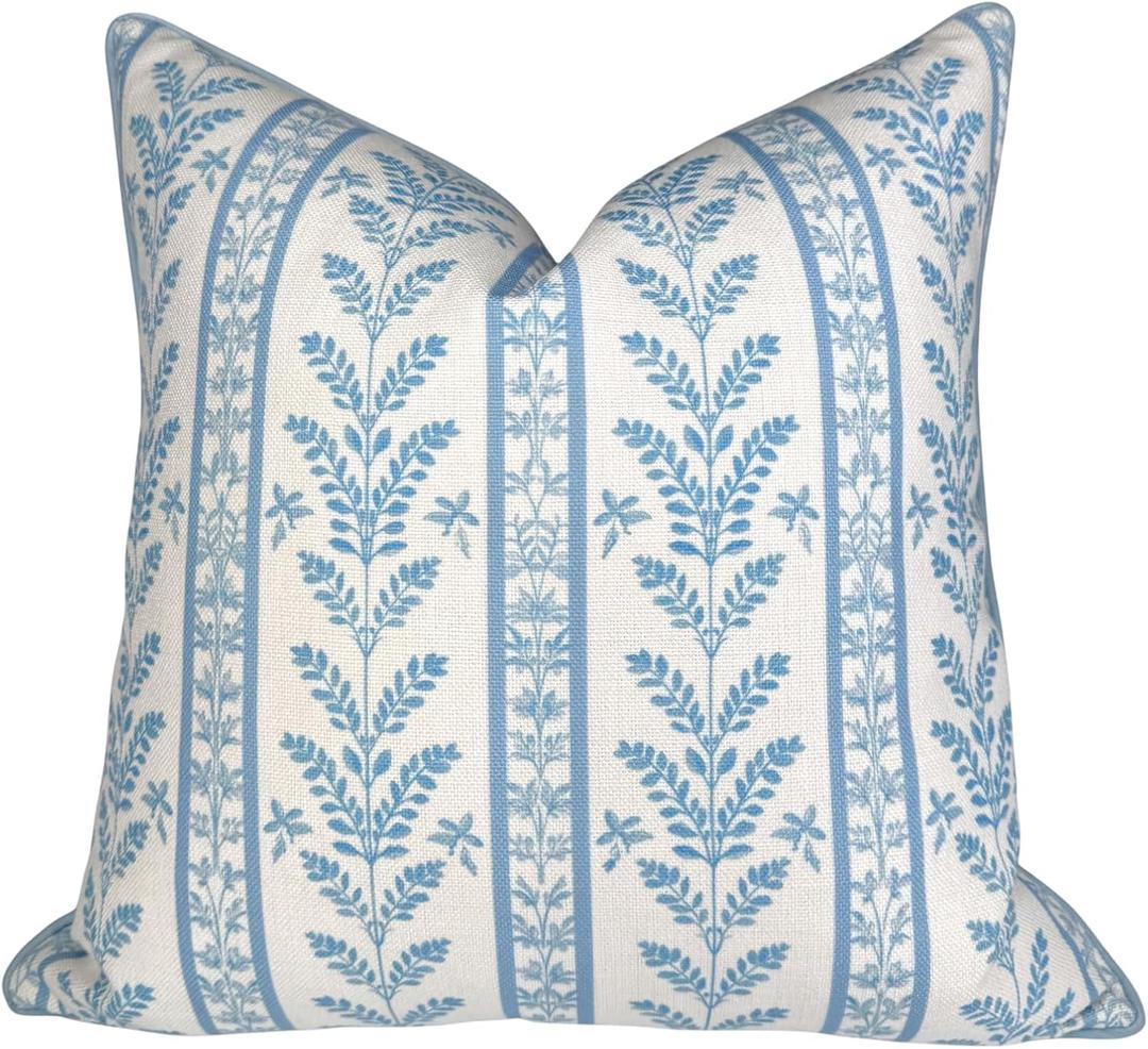 Jillien Harbor The Louis Blue Floral Block Print Pillow Cover  Decorative Throw Pillow Cover with Off-White Background  Grandmillennial Home Decor, 20" x 20"