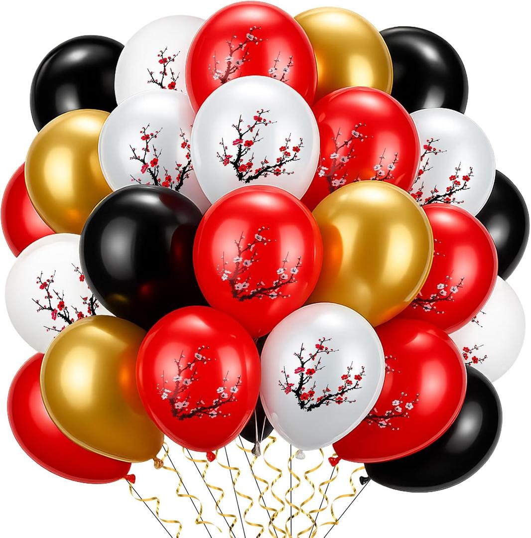 Jenaai 60 Pcs Hibachi Party Decorations Red White Black Gold Hibachi Balloons 12 Inch Cherry Blossom Chinese Japanese Latex Balloons Cherry Party Decorations for New Year, Spring Festival, Wedding