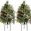 Pre-Lit Pathway Christmas Tree(2 Pack), Artificial Christmas Urn Filler with LED Lights, Golden & Red Berries, Pine Cones, Outdoor Light Up Planter Filler Holiday Home Decor