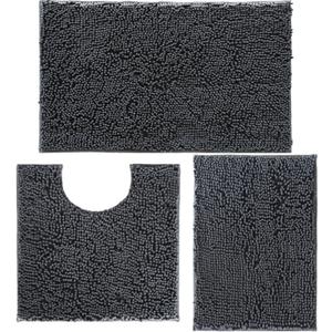 Bathroom Rugs Set Non Slip 3 Piece Bath Mat Washable Chenille Bath Rugs with PVC Backing Bath Carpet,Absorbent Bathroom Mats with Toilet Rug,Bath Mats for Bathroom,Bedroom, Kitchen,Tub,Home Decor (Charcoal Grey)