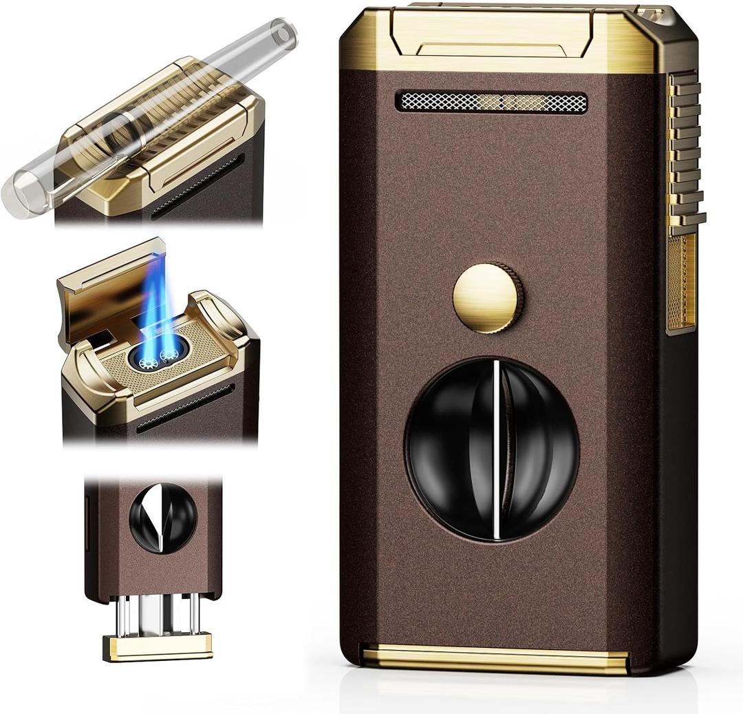 All-in-one Torch Lighter with Holder, Pop Out Cutter, and Dual Jet Flame, Gifts for Men, Multi-Functional Lighter Accessories, Adjustable & Windproof Flame, Refillable Butane Lighter for Travel (Brown and Gold)