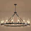 48 Inch Black Wagon Wheel Chandelier with Glass Shade, 16-Lights Black Farmhouse Chandeliers for High Ceilings, Large Round Industrial Pendant Lights for Dining Room Living Room Bedroom Foyer