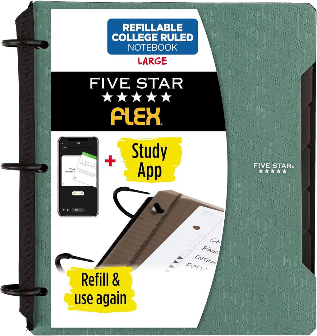 Five Star Flex Refillable Notebook + Study App, College Ruled Paper and 1 Inch TechLock Ring Binder with Pockets, Tabs and Dividers, 200 Sheet Capacity, Seaglass Green (293280AQ8)