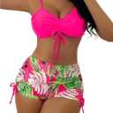 GORGLITTER Women's Tropical Bikini Set Drawstring Cami Top High Waisted Swimsuits with Boy Shorts (X-Large, Hot Pink)
