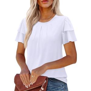 Uhiger Short Puff Sleeve Tops for Women Ruffle Blouse Pleated Summer Shirt Dressy Casual Beach Vacation Clothes, Small, White