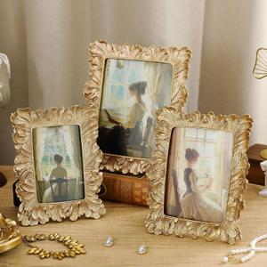 Wonderjune 3 Pcs Vintage Picture Frames Antique Set Baroque Ornate Gold Arched Photo Frames with Glass, Tabletop or Wall for Home Decor Photography Props Gifts(4x6, 5x7, 6x8 Inches,Royal)