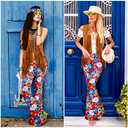 Haull 7 Pcs 60s 70s Outfits for Women Hippie Costume Set Boho Flared Pants Fringe Vest Peace Sign Accessories Set (Medium)