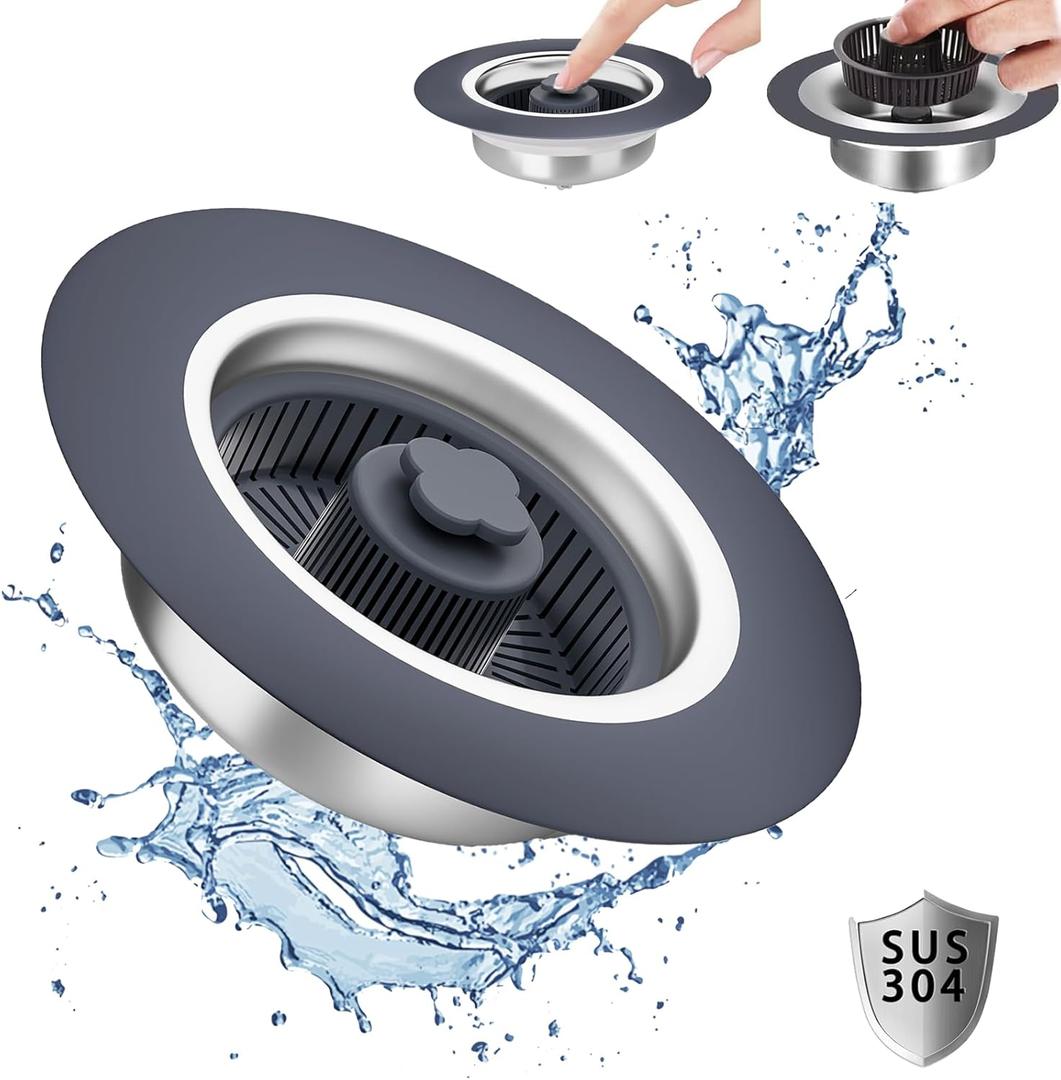 3 in 1 Kitchen Sink Drain Strainer Stopper with Basket, Plug Pop Up 304 Stainless Steel Anti-Clogging Stoppers Combo for US Standard 3-1/2 Inch Drain, Silver
