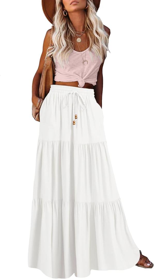 HAEOF Women's Summer Boho Elastic High Waist Maxi Skirt A-Line Flowy Swing Ruffle Tiered Long Beach Skirts with Pockets(White, XS)