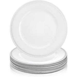 Okllen 12 Pack Plastic Round Charger Plates, 13" Dinner Chargers Decorative Plates with Beaded Rim, Embossed Charger Serving Plates for Wedding, Catering Event, Tabletop Decor, White