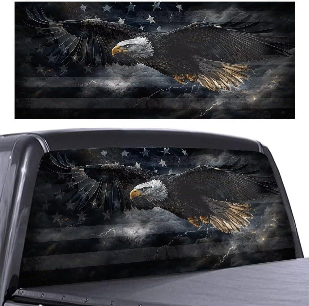 American Flag Eagle Rear Window Decals for Trucks, Black and Grey Automotive Decal, Lightning Car Decor Perforated Vinyl Window Film Sticker, Patriotic Back Window Graphic, 66" x 20"