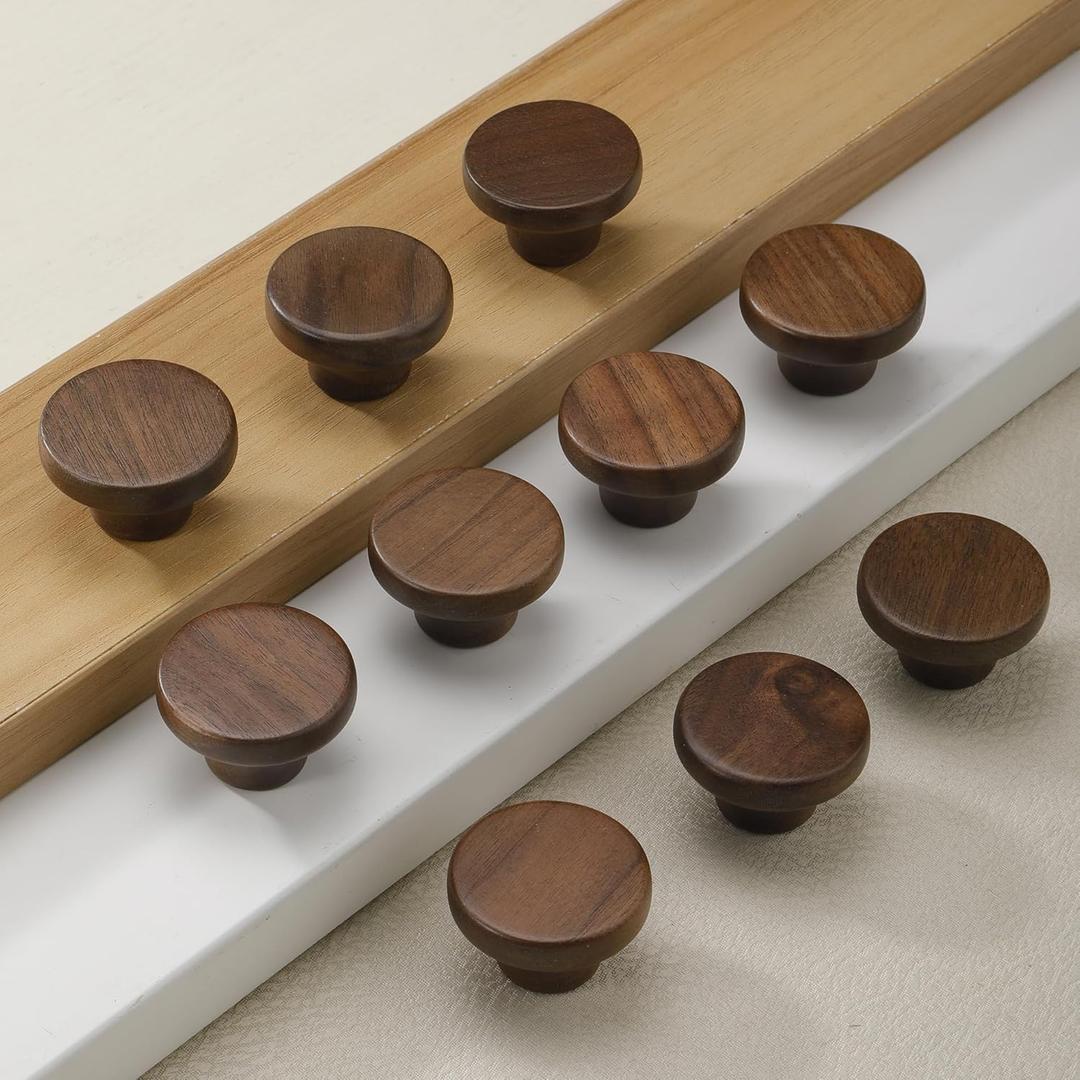 10 Pack 1.53 Inch (39 mm) Round Walnut Wood Single Hole Drawer Handles, Cabinet Knobs 1 Hole Hardware Handles Decorative Furniture Knobs for Dresser Wardrobes