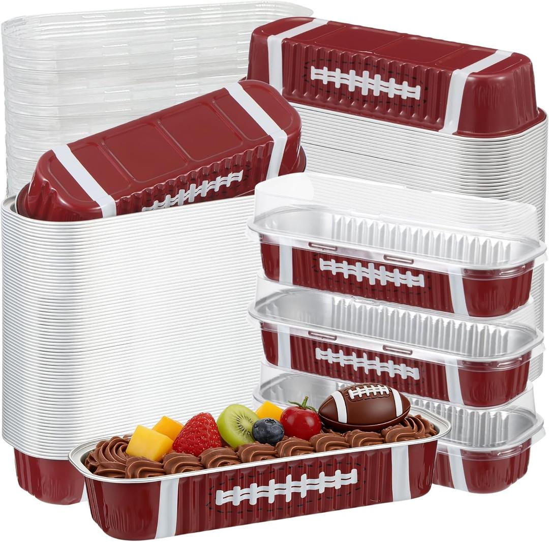 100Pcs Mini Loaf Pans with Lids,6.8oz Rectangular Aluminum Foil Baking Pans Disposable Mini Cake Pans, Football