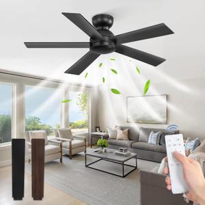 42 Inch Flush Mount Ceiling Fans without Lights, Small Black Ceiling Fan with Remote, 6-Speeds, Quiet Reversible DC Motor, Indoor/ Outdoor Ceiling Fan for Patio, Living Room, Bedroom