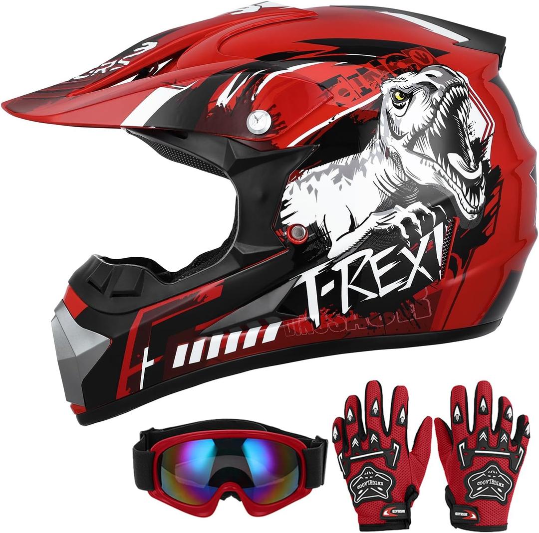 DOT Youth Dirt Bike Helmet with Goggles & Gloves for 5-14 Years Old, Kid ATV Helmets for Youth Boys Girls, Four Wheeler Helmet, Motocross BMX MX UTV Offroad Street Go Kart Dirt Bike Dinosaur (Large)
