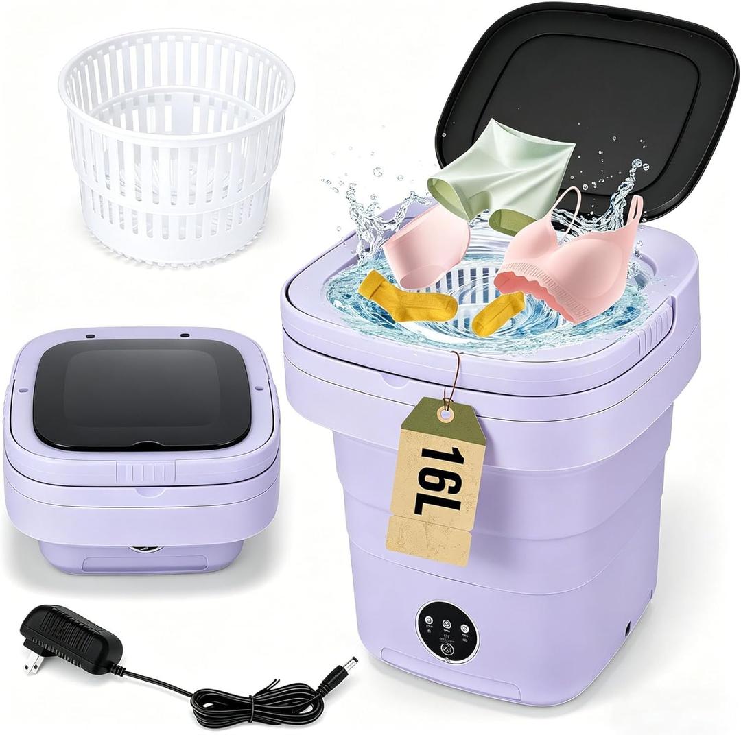 Mini Washing Machine 16L Foldable Small Washer for Underwear, Socks, Baby Clothes - 3 Cleaning Modes with Spin Dryer Basket Ideal for Apartment, RV, Travel, Dorm