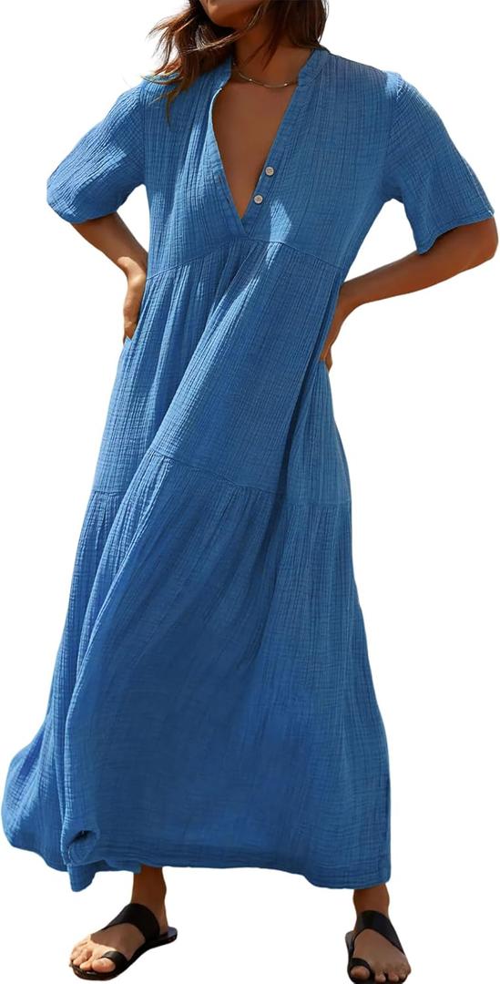 R.Vivimos Womens Summer Cotton Flowy Maxi Dress Short Sleeve V Neck Empire Waist Boho Tiered Ruffle Casual Loose Long Dresses (Blue, L)