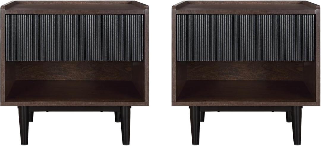 Manhattan Comfort Duane Modern Ribbed Nightstand Set of 2, Bedside Table with Full Extension Drawer and Open Shelf, Industrial Chic Living Room and Bedroom Furniture, Black Manhattan Comfort Duane Modern Ribbed Nightstand Set of 2, Bedside Table with Full Extension Drawer and Open Shelf, Industrial Chic Living Room and Bedroom Furniture, Black