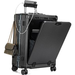 Feilario Aluminium Frame PC Hard Shell Spinner Wheels Luggage,20.8"X15"X8.7 Airline Approved Built-In TSA Lock Carry On Suitcase, with Cup Holder, USB Port, Phone Holder (A-Grey (Zippeless Closure))