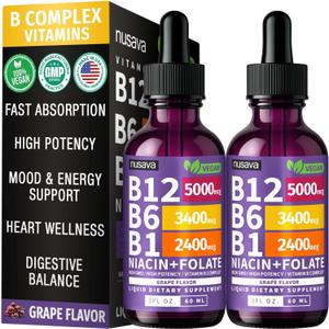 NUSAVA B12 Liquid Drops 5000mcg, Grape Flavor, Pack of 2 | Energy, Brain and Heart Support, Methylcobalamin B12 with B6 and B Complex, Vegan, Sublingual Drops for Women and Men Exp: 06/2028