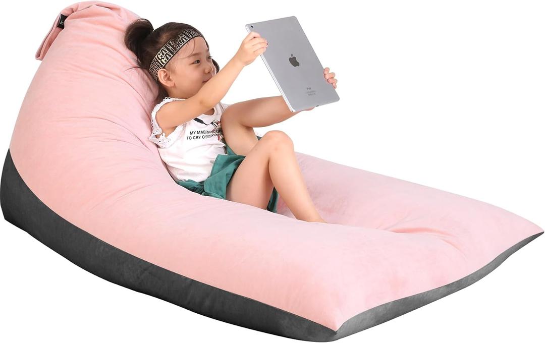 Stuffed Animal Storage Bean Bag Chair for Kids and Adults, Luxury Velvet Stuffed Animal Storage, Stuffie Seat - COVER ONLY(Pink & Dark Grey 200 L/52 Gal), 36.5"L x 35"W x 30"H