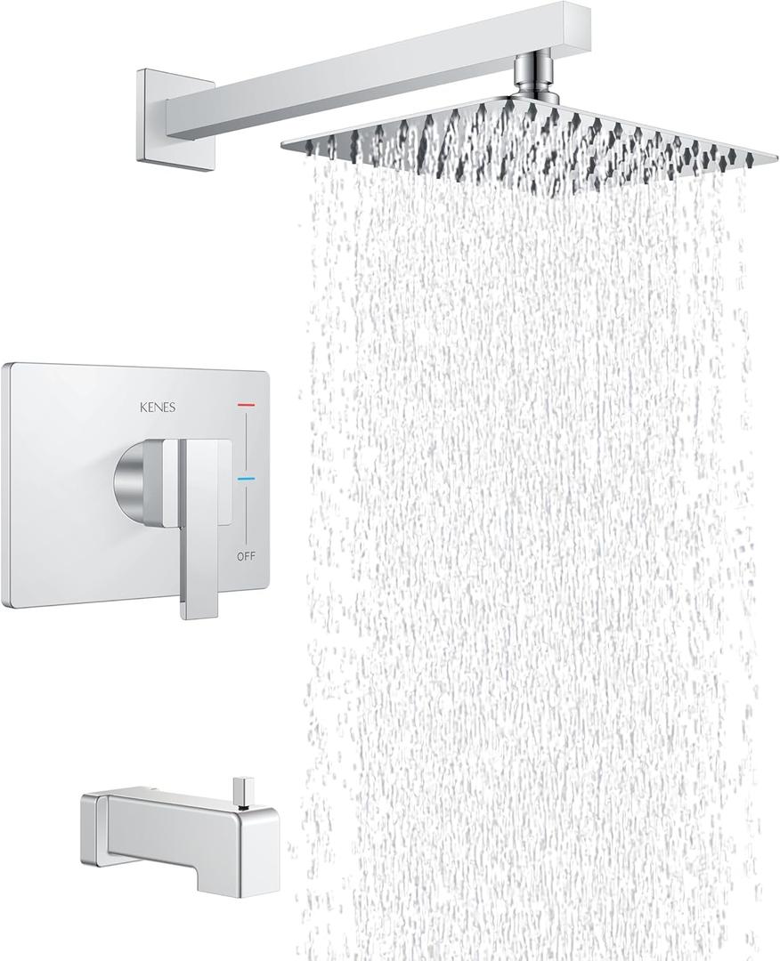 KENES Polished Chrome Tub and Shower Trim Kit, Tub Shower Faucet Set Complete with 10-Inch Rainfall Shower Head and Tub Spout, KE-6024A-5 (Shower Valve Included)