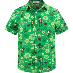 Yoimira Hawaiian Shirts for Boys, Button Down Short Sleeve Tropical Print, Kids Summer Beachwear Tops 7-14 Years (8, Four Leaf Clover and Rainbow)