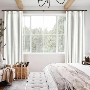 Beige White Pinch Pleated Linen Blackout Curtains 90 Inches Long for Bedroom Living Room 2 Panels Set, Darkening Thermal Insulated Dual Layer Boho Neutral Pinch Pleat Hooks Rings Track System Curtain