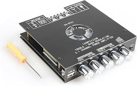 ZKHT21 TDA7498E Bluetooth Amplifier Board 160W×2+220W Subwoofer 2.1 Channel Audio Receiver Power Amplifier Module with Treble and Bass Control for DIY Speakers