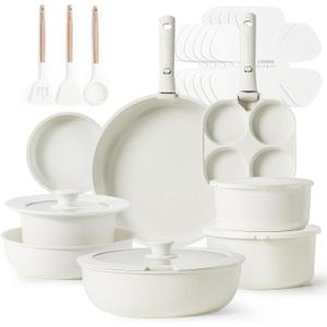 CAROTE 23pcs Pots and Pans Set Non Stick, Cookware Sets, Kitchen Set, Oven/Dishwasher/Fridge Safe, Space Saving Pots Set, Nonstick Set with Versatile Detachable Handle, Induction RV Set, Cream (Cream White)